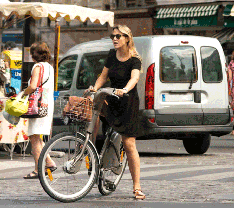 A girl in a bicycle with a new dress wearing