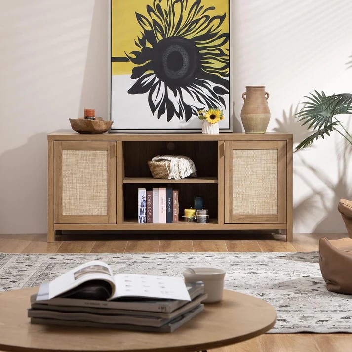 Boho Rattan TV Stand with Adjustable Storage Shelves